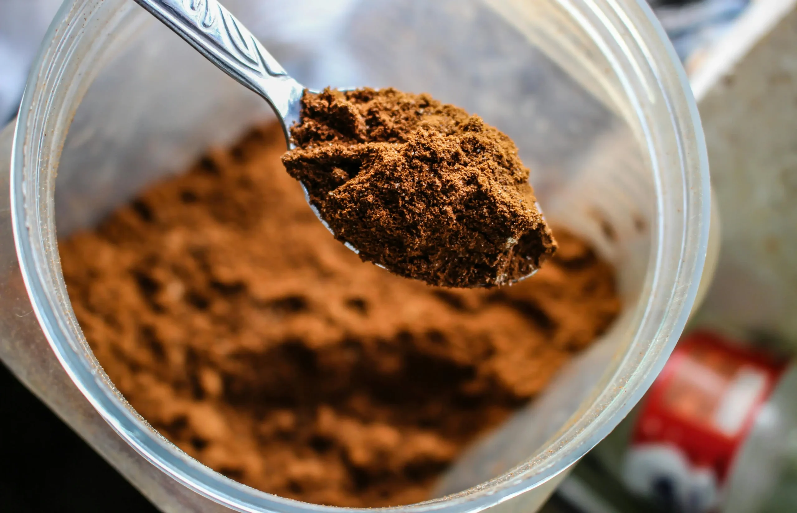 close up of chocolate protein powder for heavy metals testing