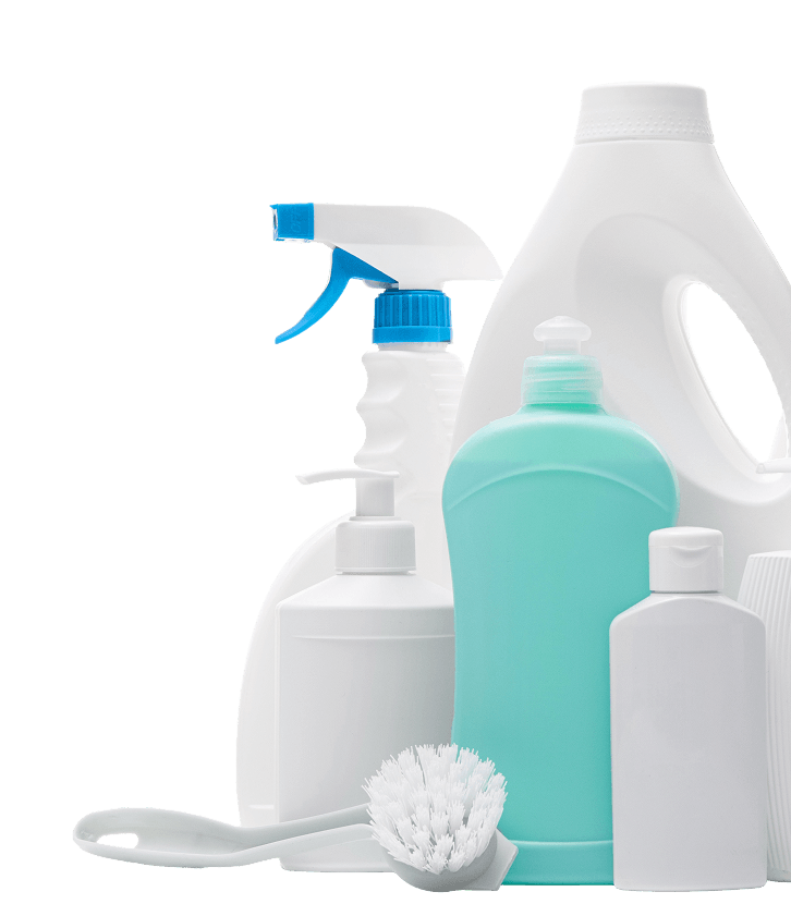 Assortment of household cleaning bottles, spray cleaner, soap dispensers, brushes, and sponge to be submitted to a product testing lab for contaminant testing.